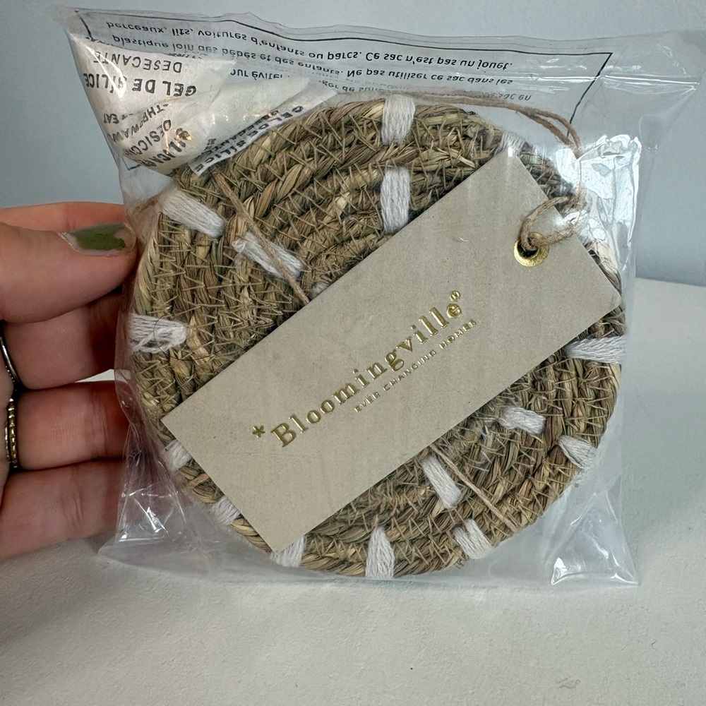 Bloomingville Natural Braided Jute Coasters with White Stitching - Set